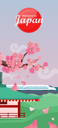 Japan travelling banner. Landscape with traditional Japanese landmarks. Skyscrapers and private buildings. Nature and architecture. Part of series of travelling around the world. Vector illustrationのイラスト素材