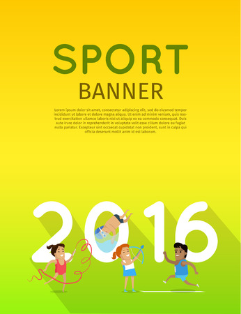 Sport banner. Artistic gymnastics athletics diving and archery template. Summer games colorful banner. Competitions, achievements, best results. Flyer, template, poster 2016. Vector illustrationのイラスト素材
