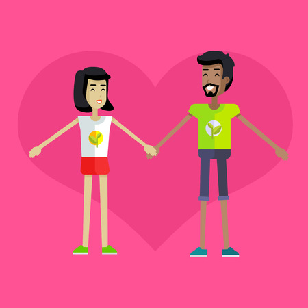 Smiling man and woman with branch and leaves emblem on clothes, standing and holding hands. Ecologist, environmentalist, nature protection activist or volunteer illustration. Flat design. Earth day.のイラスト素材