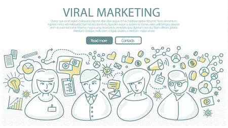 Viral marketing banner in linear style. Social marketing, consulting center concept. Pay per click, viral video, online technology, service communication, support call, consultant operator. Vectorのイラスト素材