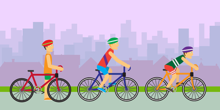 Bikers on bicycles vector. Flat design. Summer fun. Cycle race. Peoples in sportswear riding on bicycle. Moving activity and healthy life. Sport competition. Isolated on white backgroundのイラスト素材
