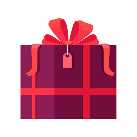 Gift box icon in flat style. Packaged with red paper and pink ribbon present illustration. For application button, infogpaphics elements,  web design. Isolated on white backgroundのイラスト素材