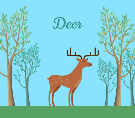 Red deer in the forest. Ruminant mammal with antler. Red deer, sika deer, barasingha, reindeer. Deer in tundra or in tropical rainforest. Wildlife concept. Herbivorous animal. Vector illustrationのイラスト素材
