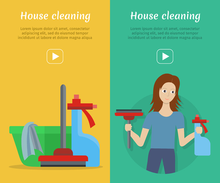 Set of cleaning service web banners. Flat style. House cleaning vector concepts with woman, sprayer and wiper. Illustration with play button for housekeeping online services, sites, video, animationのイラスト素材