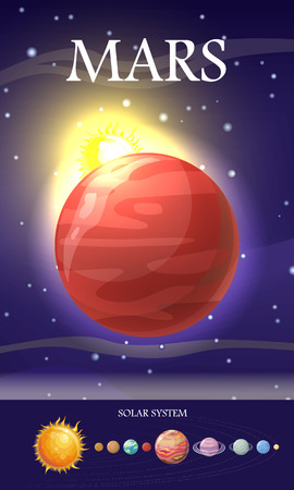 Mars planet. Fourth planet from Sun and second smallest planet in Solar System. Red planet due to iron oxide. Outer space, galaxy and earth. Astronomy science aspect. Sun system. Universe. Vectorのイラスト素材