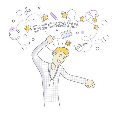 Happy man dancing. Man dancing icon. Successful man having fun and dancing. Man rejoices, celebrates his victory, success, winner. Successful banner. Line art. Isolated object on white background.のイラスト素材