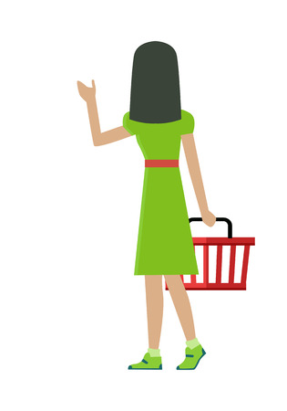 Woman customer character vector template. Flat design. Buyer in grocery shop. Woman in green dress with basket in hand taking goods on white background. Consumer choice and shopping in mall concept.のイラスト素材