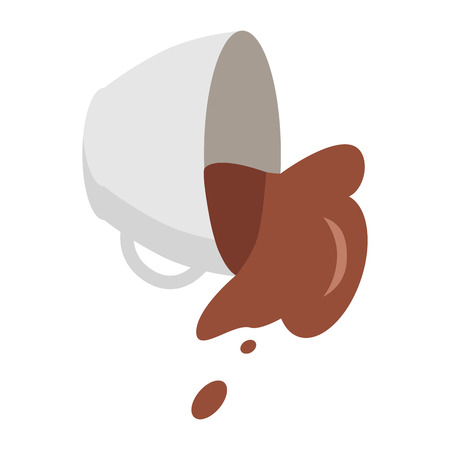 Fallen white coffee cup with spilled coffee in flat. Coffee spill icon. Coffee stain. Isolated object in flat design on white background. Vector illustration.のイラスト素材
