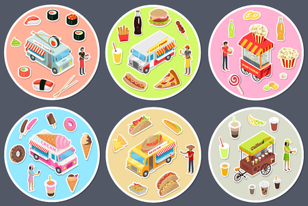Isometric street food trucks set. Fast food, Mexican food, Japan food, Coffee and tea, Ice cream, Popcorn. Street food icon set. Street food cart with seller. Food truck collection. Street food chefのイラスト素材