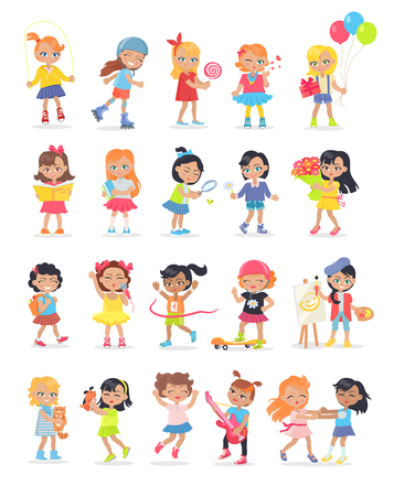 Set of girls having leisure time. School girls during break. Group of kids having fun together. Young ladies at the playground, going in for sport, drawing, playing, walking. Daily activities. Vectorのイラスト素材
