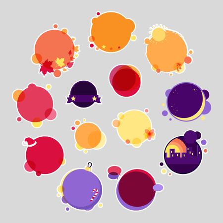Collection of round stickers with place for your text. Winter summer autumn fall xmas christmas night spring sale conceptual banners. Editable element for design. Big sale offer. Night sale. Vectorのイラスト素材