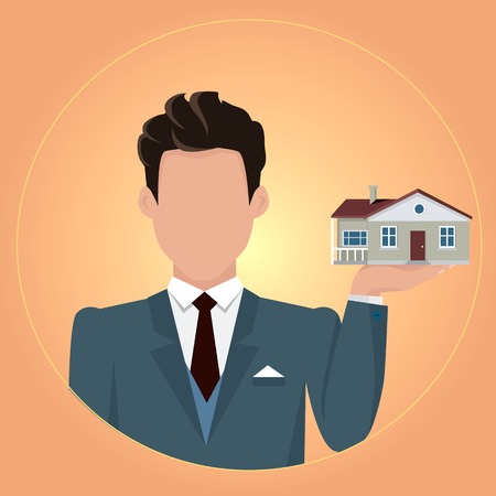 Real estate conceptual vector in flat design. Businessman character holding house in hand. Realtor. Buying a new place for living. Illustration for real estate company advertising, app icon.のイラスト素材