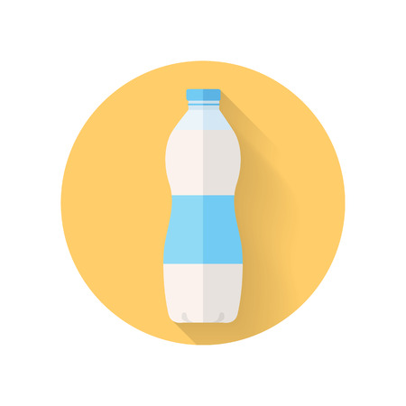 Dairy product vector. Flat design. Labeled plastic or glass bottle of fresh milk. Packaging for liquid product. Illustration for farm husbandry, milk production, grocery store ad. Isolated on whiteのイラスト素材
