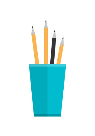 Blue glass with pencils. Stack of colored pencils in a glass. Plastic pencil holder, pen holder. Isolated object on white background. Vector illustration in flat style.のイラスト素材