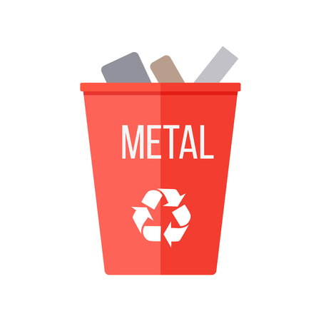 Red recycle garbage bin with metal. Reuse or reduce symbol. Plastic recycle trash can. Trash can icon in flat. Waste recycling. Environmental protection. Iron and metal products. Vector illustration.のイラスト素材