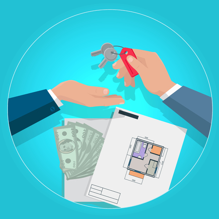 Real estate concept illustration in flat design. Realtor gives keys from apartments their new owner, plans and money in background. Illustration for real estate company advertising, housing concepts.のイラスト素材