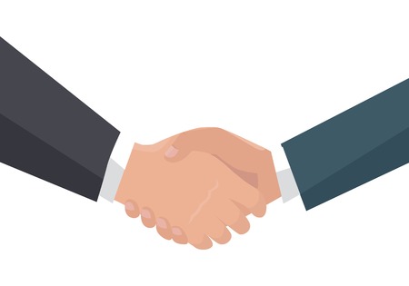 Handshake vector in flat design. Businessmen shaking hands. Good deal, partnership, human gesture conceptual Illustration for business concepts. Isolated on white background.のイラスト素材
