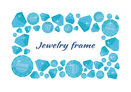 Jewelry frame vector concept in flat design. Precious gift. Sparkling, precious stones, gems and brilliants in different sizes. Illustration for jewelry store advertising. Isolated on white backgroundのイラスト素材