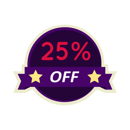 Sale sticker vector illustration. Flat style. Round bright sticker with 25 percent off text. For store sales and discounts advertising. Product label design. Black friday. On white backgroundのイラスト素材