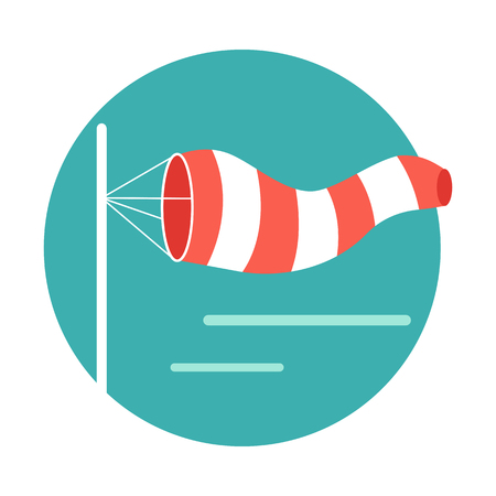 Meteorology windsock inflated by wind. Red and white windsock indicate the direction and strength of the wind. Conical textile tube. Used at airports, alongside highways at windy locations. Vectorのイラスト素材