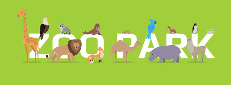 Zoo park vector concept. Flat style. Horizontal banner with exotic wild animals illustrations. Birds and mammals standing, sitting, lying on green background and letters. For zoo ad, web designのイラスト素材