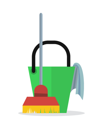 Cleaning service web banner. Bucket with duster and broom icon. Sign symbols of clean in the house. House washing equipment. Office and hotel cleaning. Housekeeping. Cleaning business concept. Vectorのイラスト素材