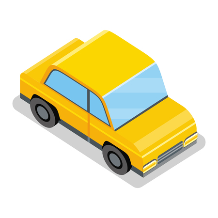 Yellow car icon. Yellow city car with shadow. City service transport. Isometric car web infographic. Modern vehicle. City isometric object in flat. Isolated vector illustration on white background.のイラスト素材
