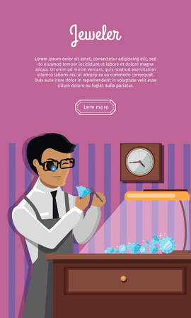 Jeweler during the evaluation of jewels. Young jeweler glasses examines faceted diamond in workplace in the lamplight flat style. Occupation person to work with precious stones. Vector illustrationのイラスト素材