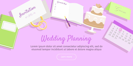 Wedding planning web banner. Preparation for the wedding day. Getting ready to the marriage ceremony. Planning everything ahead. Choosing the date, place, decoration, restaurant menu. Vectorのイラスト素材