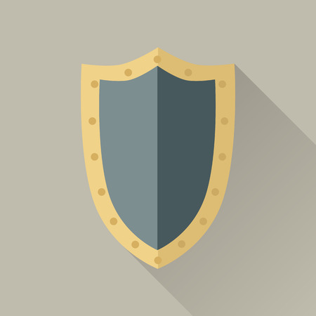 Warrior big shield. Blue shield with gold trim around the edge. Warrior armor. Game object in flat design isolated. Vector illustration.のイラスト素材
