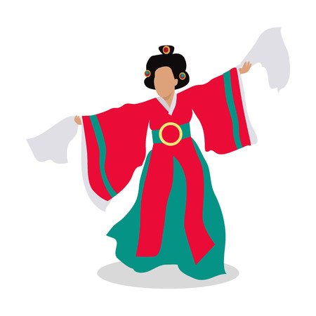 Eastern dancer isolated. Folk dance concept flat design. Arabic dancer. Azerbaijan dancing in traditional culture costume. Girl perform in national cloth. Body dancer. Lady in colorful dress. Vectorのイラスト素材
