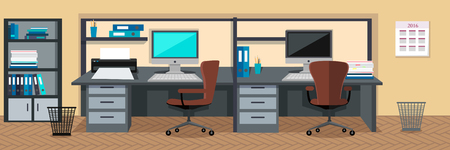 Workplace and working break horizontal web banner in flat style. Bright office interior design with modern furniture, plants, racks with documents and ceiling light. Comfortable place for workのイラスト素材