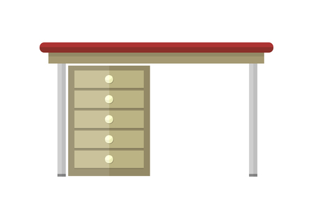Table vector in flat style design. Classic desk with wooden drawers and steel legs. Illustration for apartment interior design concepts, furniture shops advertising, app icons. Isolated on white.のイラスト素材