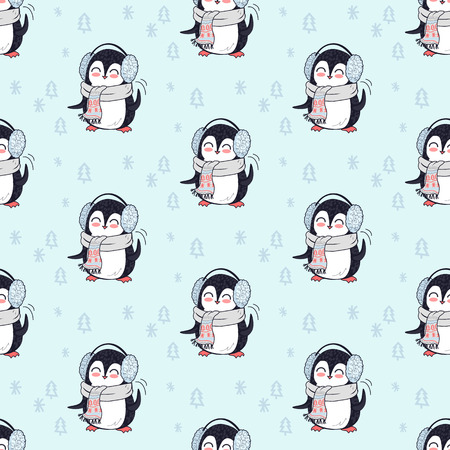 Seamless pattern with penguin animal in scarf and headphones. Endless texture with funny polar winter bird. Wallpaper design with cartoon character. Wild penguin in flat style design. Vectorのイラスト素材