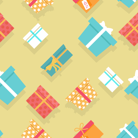 Seamless pattern with colorful gift boxes with fashionable ribbons and bows isolated. Present. Decorative stylish wrap for presents package. Modern packing product. Gifts web icon sign symbol. Vectorのイラスト素材