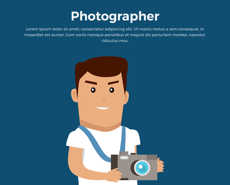Photographer concept banner illustration. Vector flat design. Profession, hobby, travel photography template for web design. Man with photo camera standing on blue background.のイラスト素材