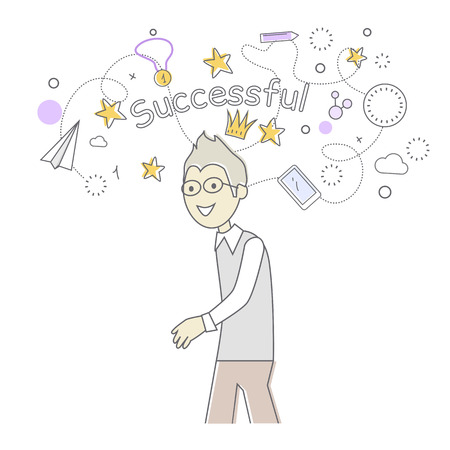 Successful business man dancing. Things that bring good luck surround him. Favourite items in office work. Indispensable things. Paper plane star medal clock crown cloud pen mobile phone. Vectorのイラスト素材