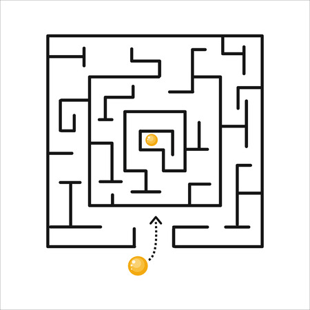 Square labyrinth with yellow balls. Labyrinth shape design element. Idea for logo or corporate identity. Creative symbol concept. Isolated object on white background. Vector illustration.のイラスト素材