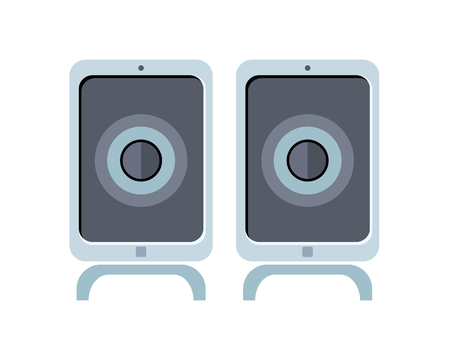 Illustration of blue computer speakers. Multimedia Speakers for laptop or desktop computer. Audio system for mobile phones, computer, laptop. Isolated object on white background. Vector illustrationのイラスト素材