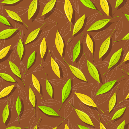 Seamless pattern with autumn leaves on brown background. Autumnal illustration with yellow, green and silhouette leaves. Fall concept. Wallpaper and textile design. Floral leaf decor. Vectorのイラスト素材