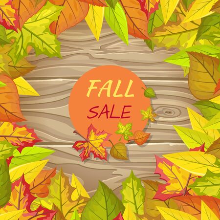 Fall sale round banner isolated on wooden background in foliage frame. Best quality and price. Autumn sale tag. Sale element. Special offer. Discount price poster. Leader of sales. Vector illustrationのイラスト素材