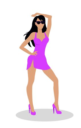 Dancer woman vector illustration. Flat Design. Beautiful brunet woman character template in sexy dress dancing. For celebrating, party concepts, dancing club ad. Isolated on white background.のイラスト素材