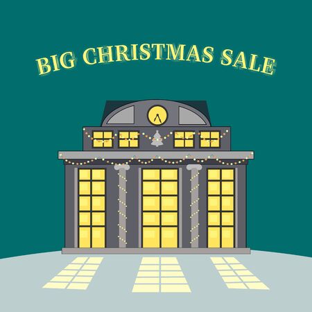 Big christmas sale glowing shop. Store with lighted windows waits for consumers. Retail shopping. Holiday discount season. Xmas new year purchase. Winter celebration. Special offer promotion. Vectorのイラスト素材