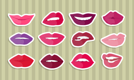 Set of lips with expression of emotions. Comic funny emoticons expressing anger, happiness, sadness, joy, surprise, wonder, amazement. Different mood states collection isolated on white. Vectorのイラスト素材