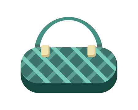 Green ladies handbag in flat. Female handbag. Elegant ladies green bag. Flat female accessories object. Isolated object on white background. Vector illustration.のイラスト素材
