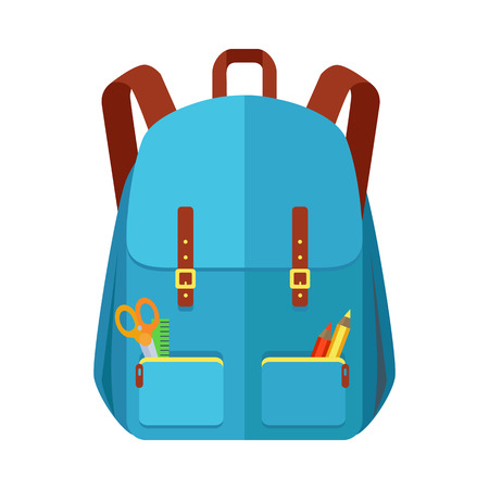 Blue backpack schoolbag icon in flat style. Hiking backpack. Kids backpack with school supplies,...