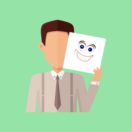 Man character avatar vector. Flat style. Male portrait with arousal, excitement, joy, surprise, ecstasy, rapture, pleasure emotional mask. Illustration for identity in Internet, mood concept iconのイラスト素材