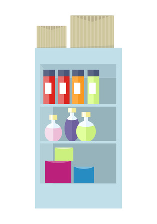 Supermarket interior. Shelf with cosmetic accessories and boxes. Showcase with perfumes in flat design style isolated on white. General store. Part of series of shop equipment. Vector illustrationのイラスト素材
