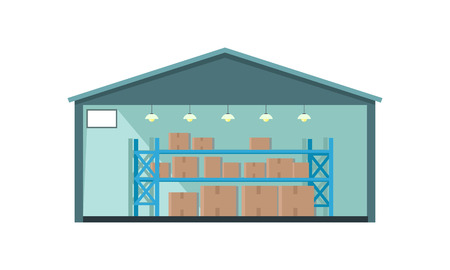 Worldwide warehouse delivering. Storehouse building. Logistics container shipping and distribution. Transportation through the world. Loading and unloading boxes. Part of series of worldwide deliveryのイラスト素材