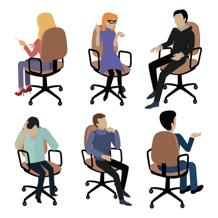 Set of people sitting on chair. Man and woman at work. Different pose and gestures. Endless work seven days a week. Working moments. Part of series of work at the office. illustrationのイラスト素材
